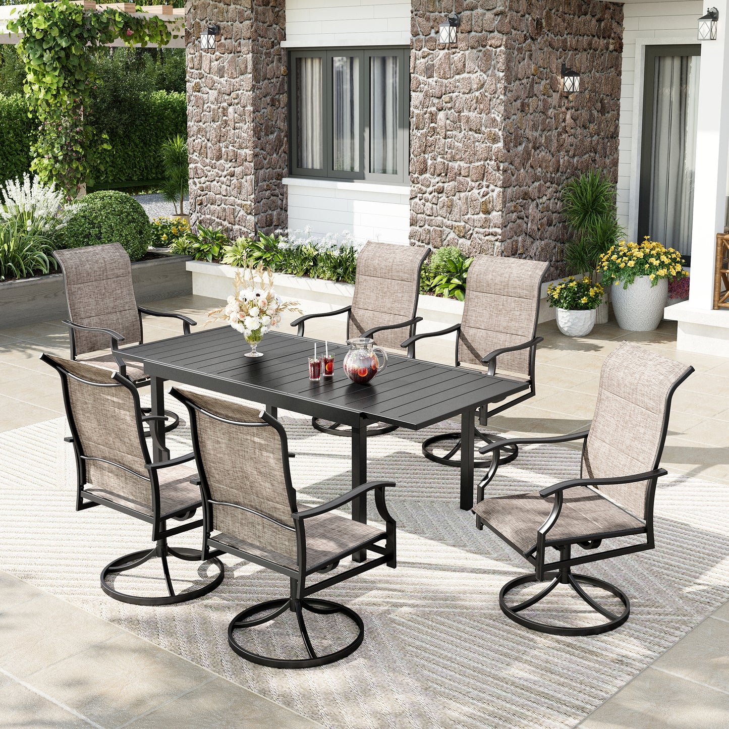 Captiva Designs 7pc Outdoor Slat-top Rectangle Steel Dining Table & Grayish Brown Padded Sling Chairs