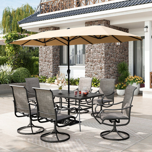 Captiva Designs 8pc Patio Rectangular Steel Dining Table & Sling Swivel Chairs & Market Umbrella