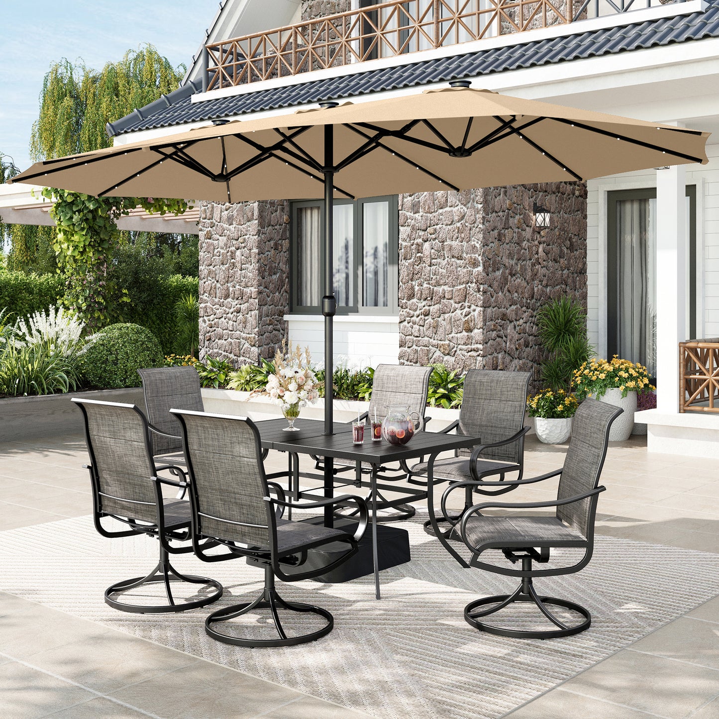 Captiva Designs 8pc Patio Dining Set with Rectangular steel table & Padded Sling Swivel Chairs & Market Umbrella