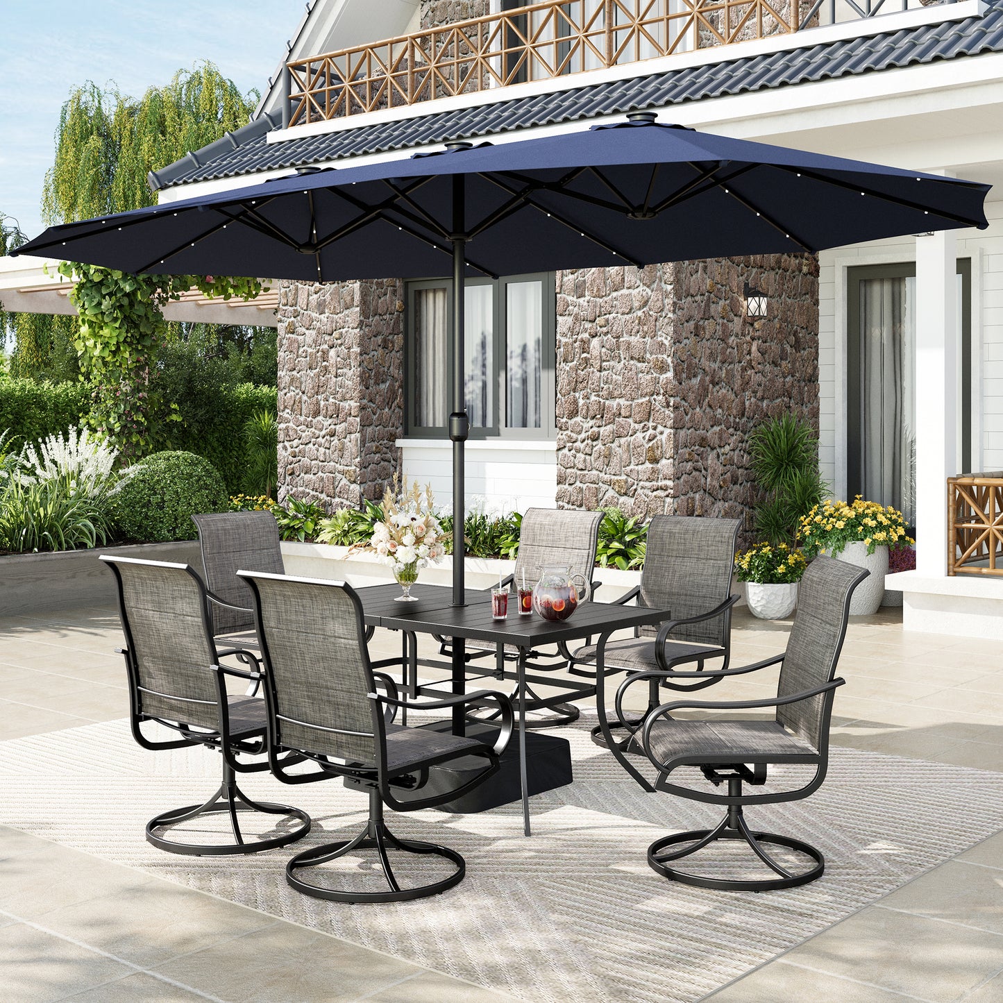 Captiva Designs 8pc Patio Dining Set with Rectangular steel table & Padded Sling Swivel Chairs & Market Umbrella
