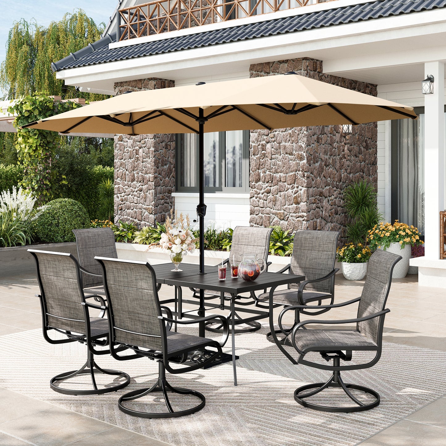 Captiva Designs 8pc Patio Dining Set with Rectangular steel table & Padded Sling Swivel Chairs & Market Umbrella