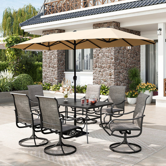 Captiva Designs 8pc Patio Dining Set with Rectangular steel table & Padded Sling Swivel Chairs & Market Umbrella