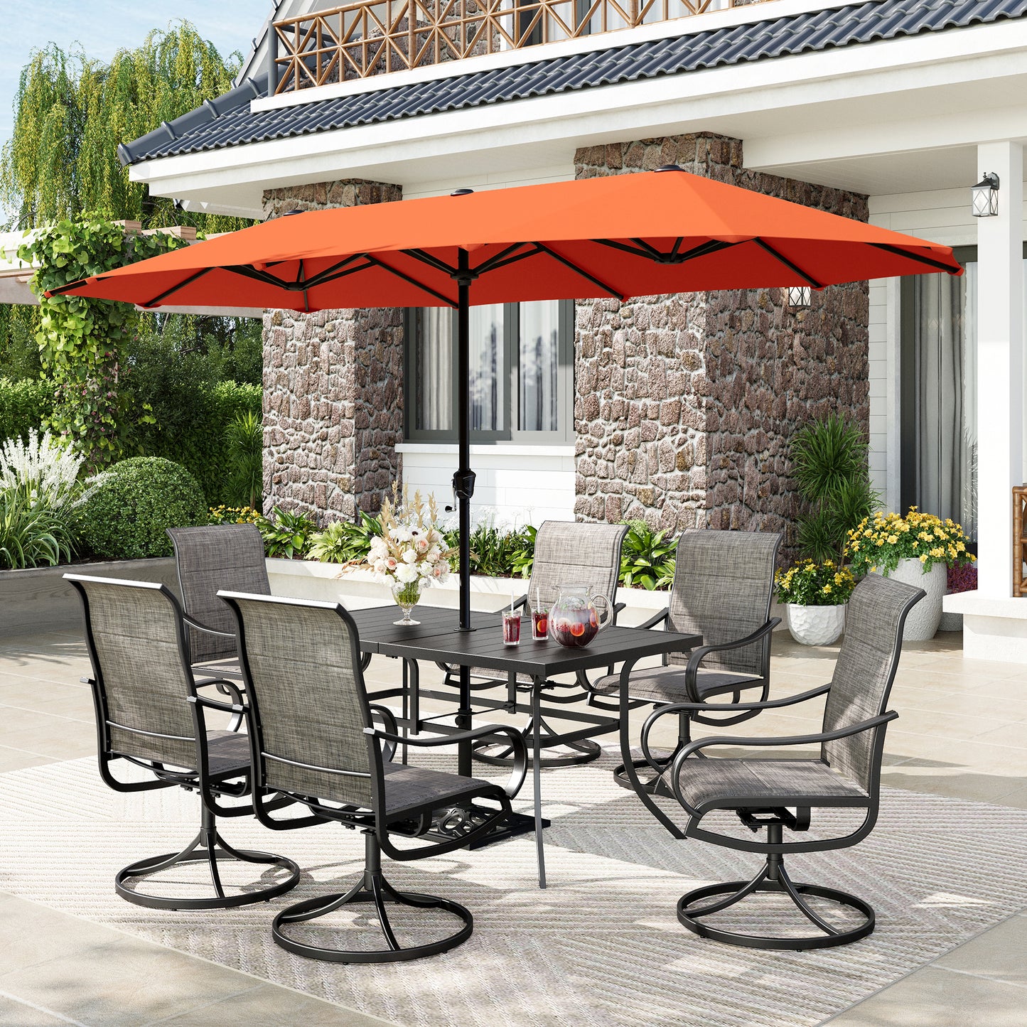 Captiva Designs 8pc Patio Dining Set with Rectangular steel table & Padded Sling Swivel Chairs & Market Umbrella