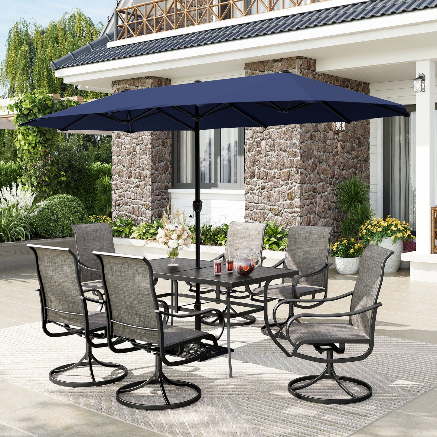 Captiva Designs 8pc Patio Rectangular Steel Dining Table & Sling Swivel Chairs & Market Umbrella