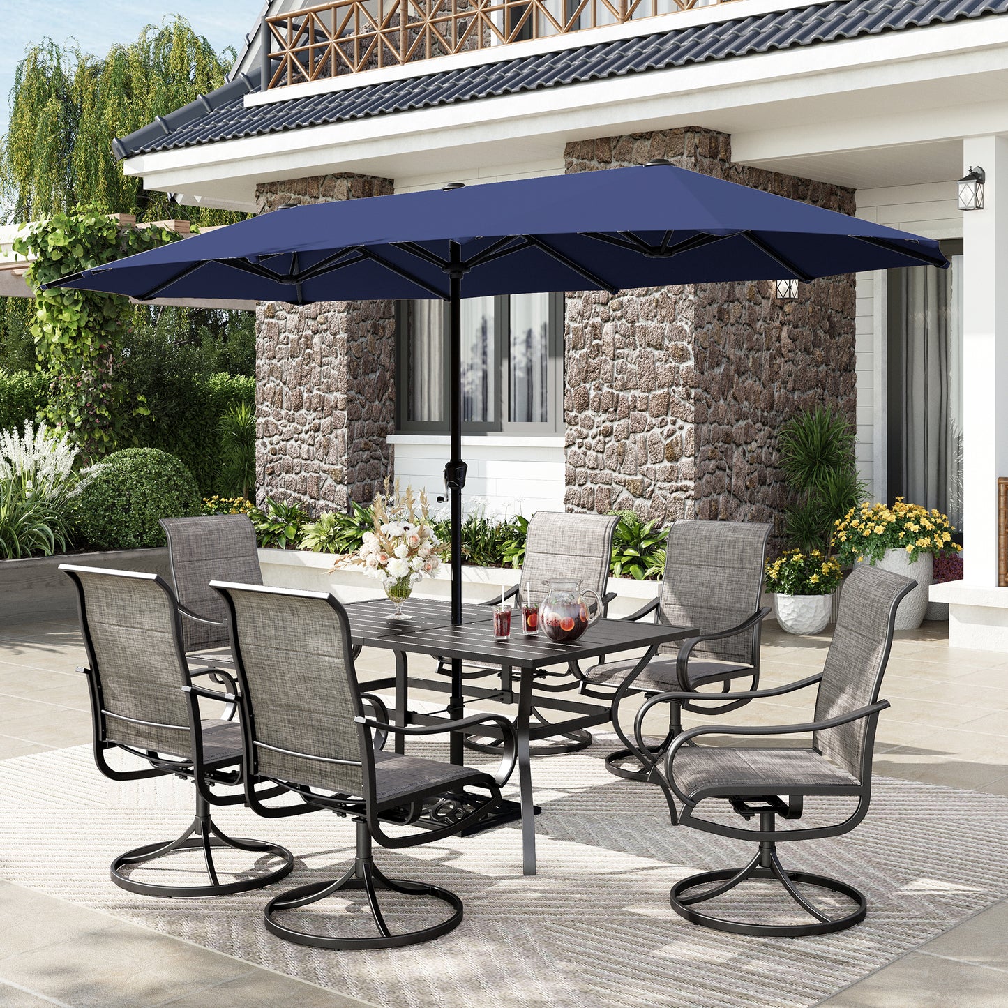 Captiva Designs 8pc Patio Rectangular Steel Dining Table & Sling Swivel Chairs & Market Umbrella