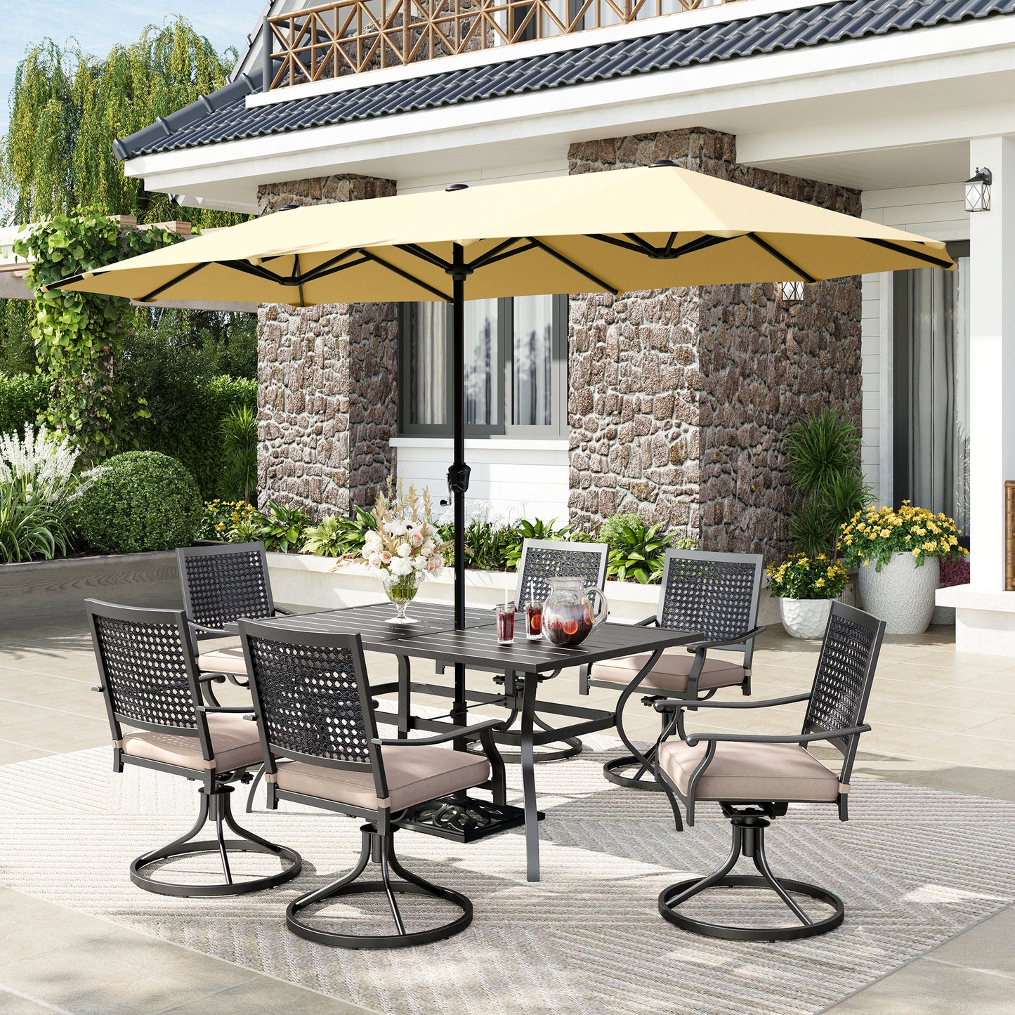 Captiva Designs 8pc Patio Dining Set with Rectangular Steel Table & Black Steel Chairs & Beige Umbrella