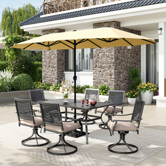 Captiva Designs 8pc Patio Dining Set with Rectangular Steel Table & Black Steel Chairs & Beige Umbrella