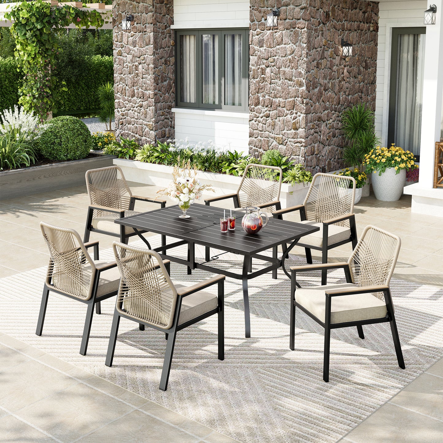 Captiva Designs 7pc Outdoor Dining Rectangular Slat-top Steel Table with Umbrella Hole & Beige Rattan Fixed Chairs