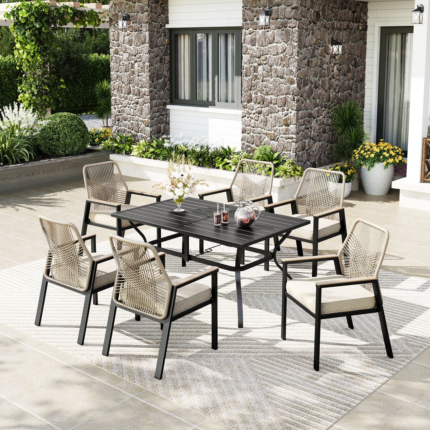 Captiva Designs 7pc Outdoor Dining Rectangular Slat-top Steel Table with Umbrella Hole & Beige Rattan Fixed Chairs