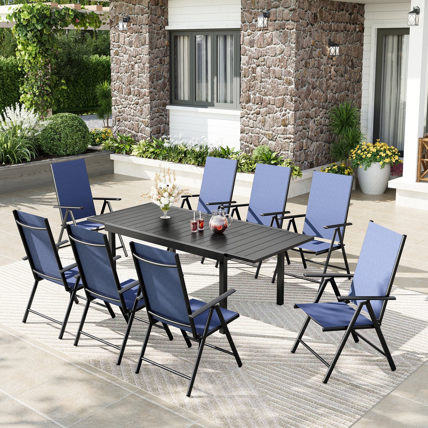 Captiva Designs 9pc Patio Dining Set with Slat-top Adjustable Steel Rectangle Table & Sling Foldable Chair