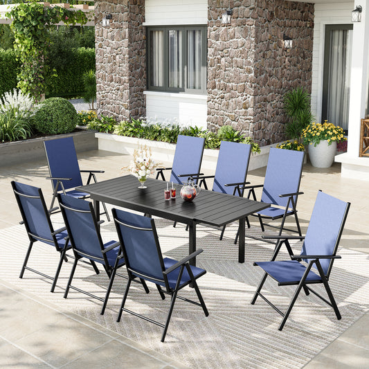 Captiva Designs 9pc Patio Dining Set with Slat-top Adjustable Steel Rectangle Table & Sling Foldable Chair