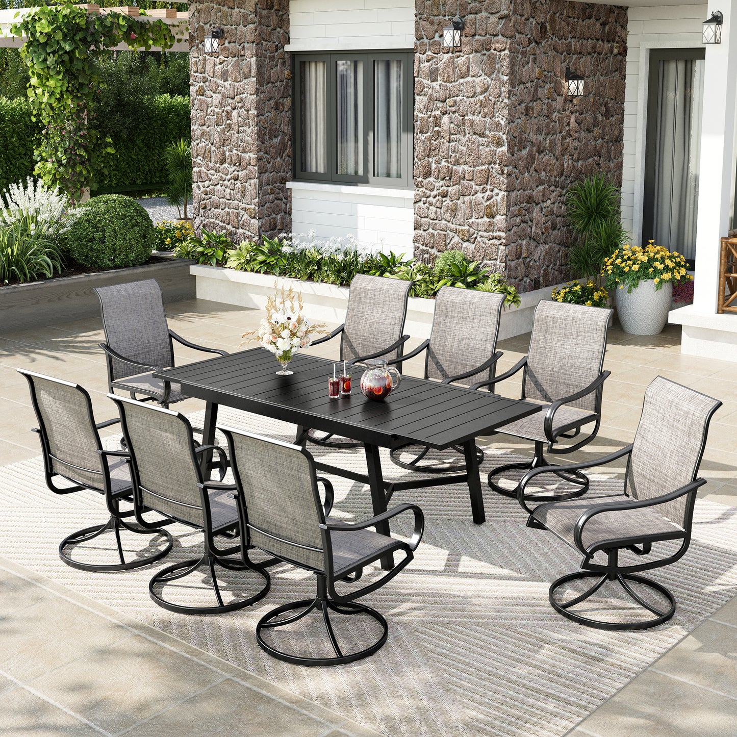 Captiva Designs 9pc Patio Dining Extendable Black Steel Rectangle Table & Textilene Swivel Chairs