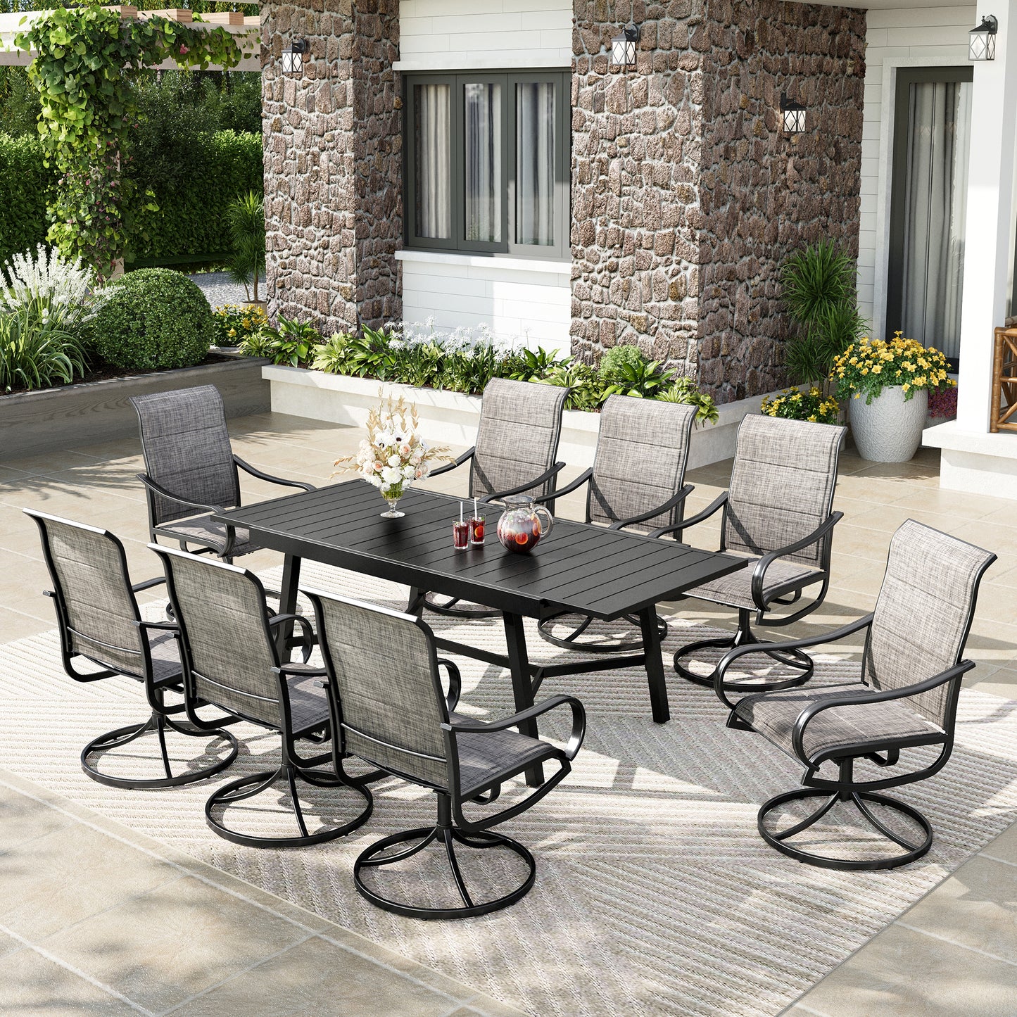Captiva Designs 9pc Patio Dining Extendable Black Steel Rectangle Table & Textilene Swivel Chairs
