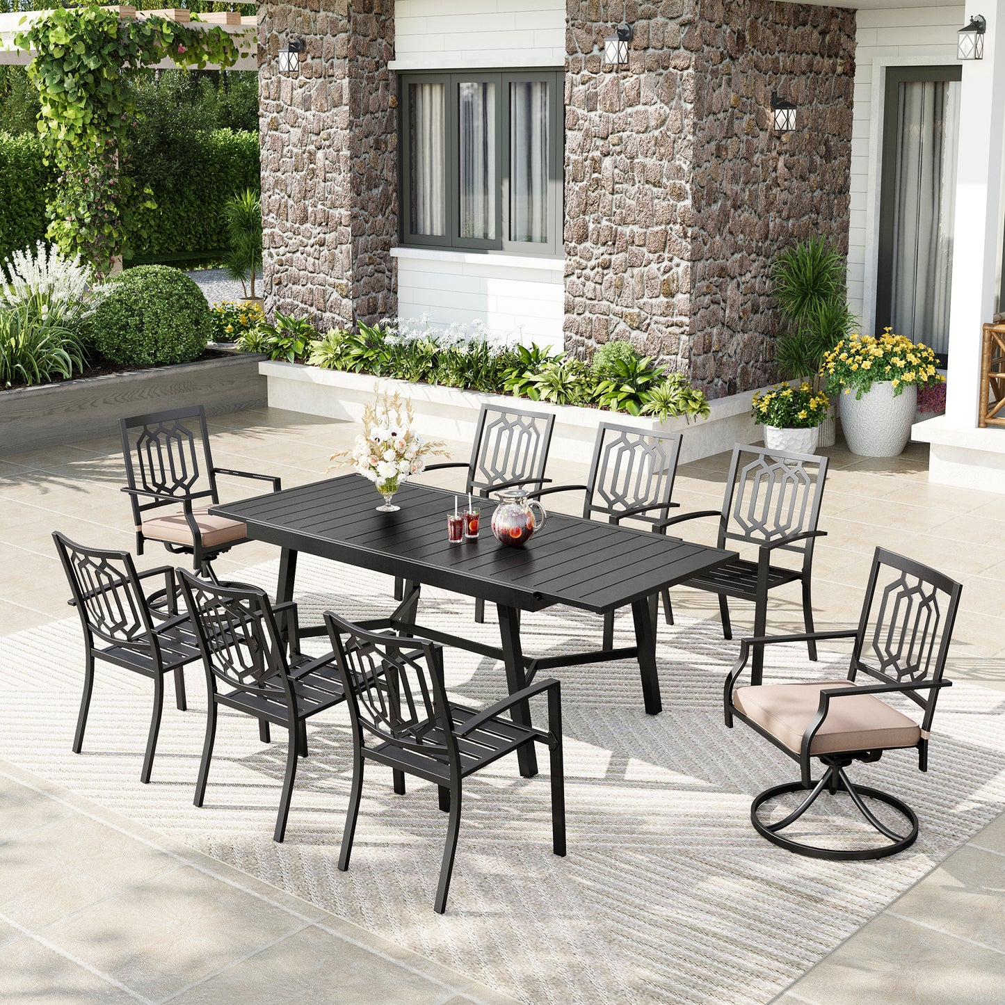 Captiva Designs 9pc Patio Dining Set with Slat-top Adjustable Steel Rectangle Table & Steel Chairs