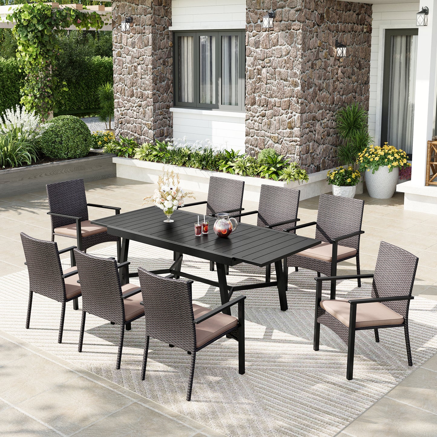 Captiva Designs 9pc Patio Rectangle Expandable Metal Dining Table & Rattan Chairs with Removable Cushions
