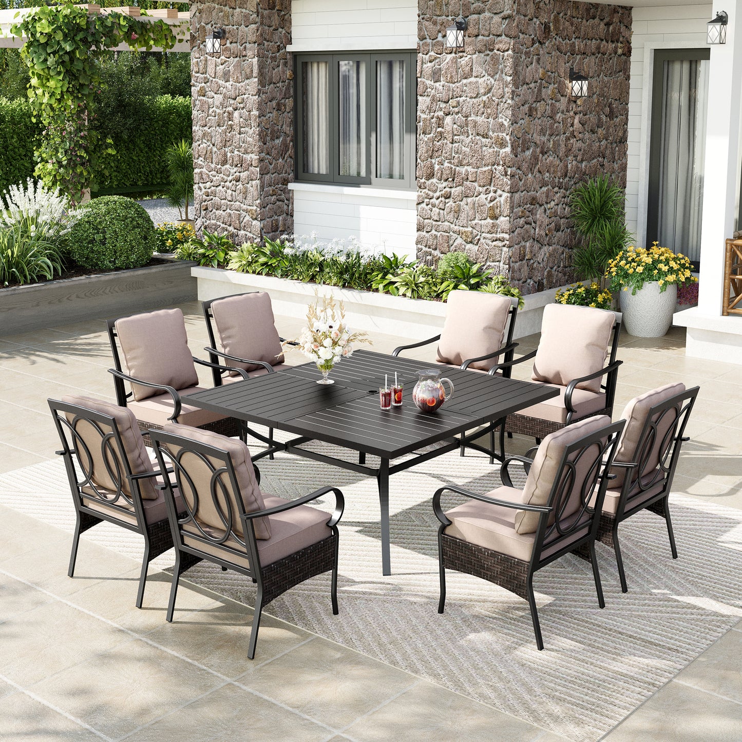 Captiva Designs 9pc Spacious Slat-top Square Metal Table & Rattan Metal Chairs with Thick Cushions