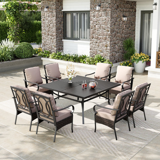 Captiva Designs 9pc Spacious Slat-top Square Metal Table & Rattan Metal Chairs with Thick Cushions