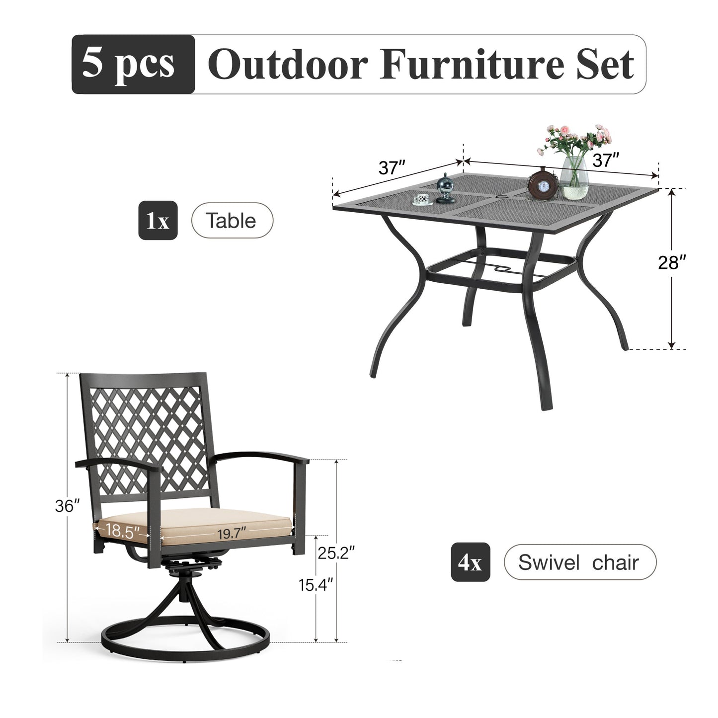 Captiva Designs 5pc Outdoor Patio Dining Set with Mesh Top Square Steel Table and Metal Chairs