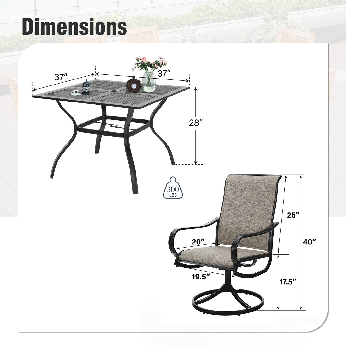 Captiva Designs 5pc Outdoor Patio Square Dining Steel Table & Swivel Sling Metal Chairs
