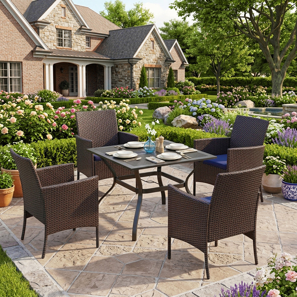 Captiva Designs 5pc Outdoor Patio Steel Dining Table & Rattan Chairs with Cushion