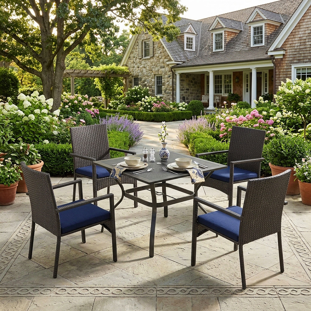 Captiva Designs 5pc Outdoor Patio Steel Dining Table & Rattan Chairs with Cushion