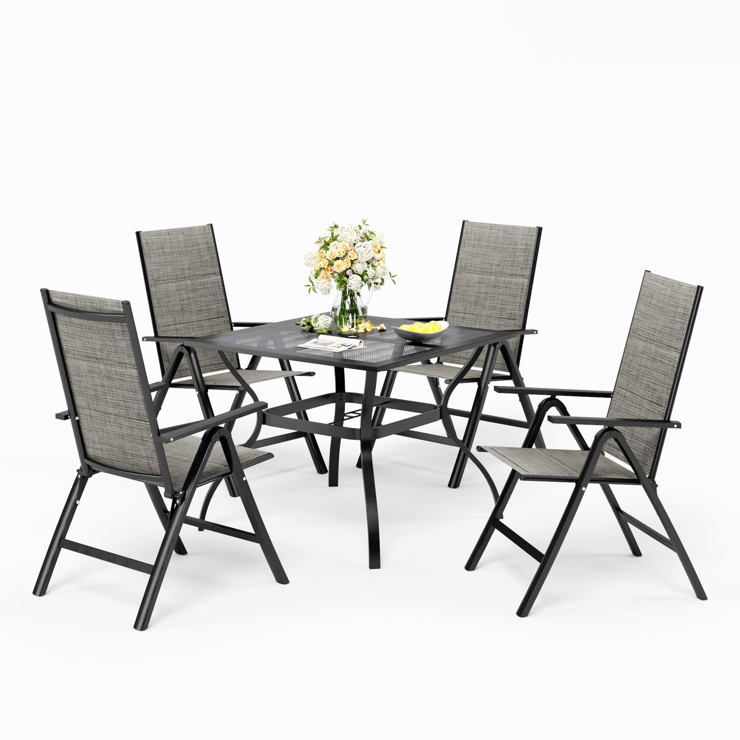 Captiva Designs 5pc Patio Dining Set with Mesh Top Square Steel Table and Sling Aluminum Chairs