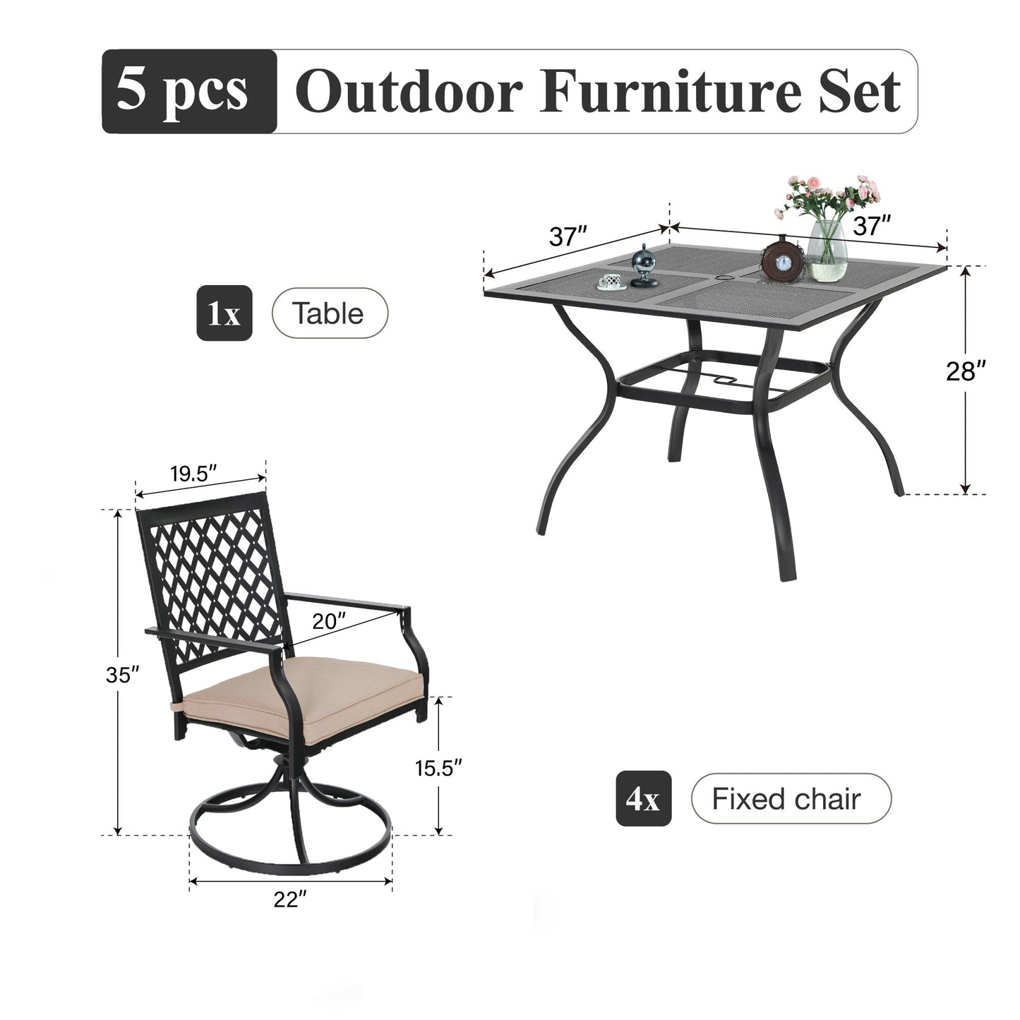 Captiva Designs 5pc Outdoor Patio Dining Set with Mesh Top Square Steel Table and Metal Chairs