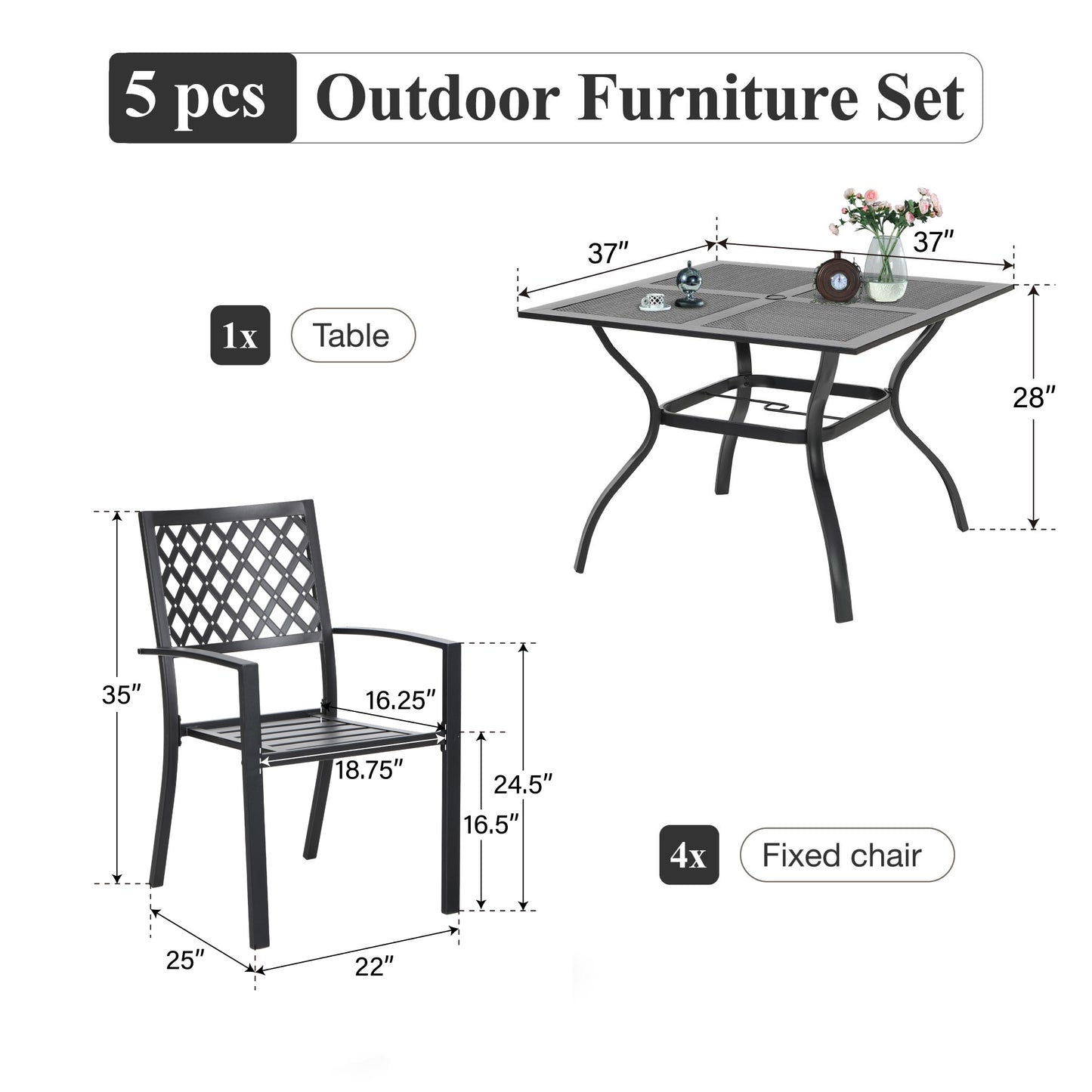 Captiva Designs 5pc Outdoor Patio Dining Set with Mesh Top Square Steel Table and Metal Chairs