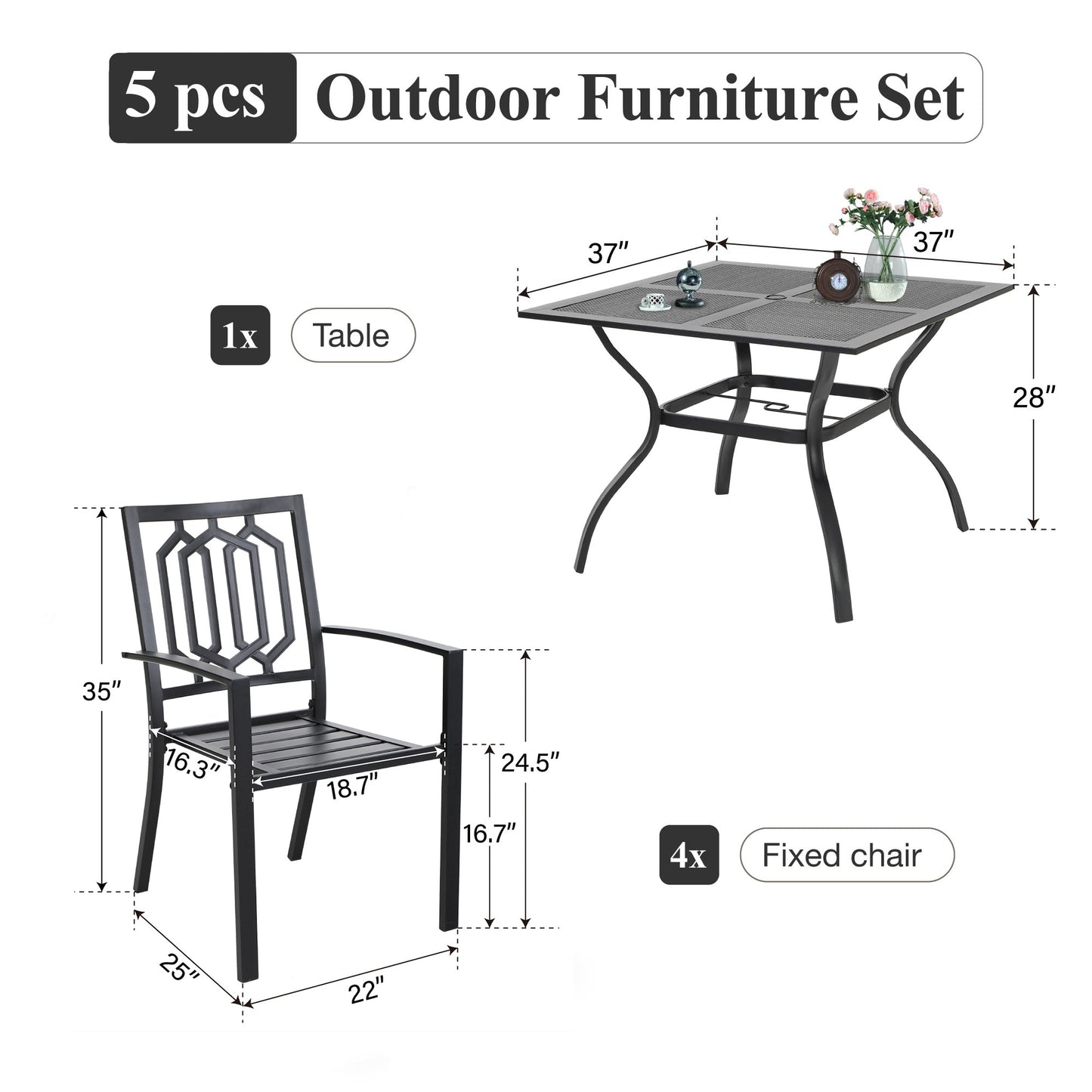 Captiva Designs 5pc Outdoor Patio Dining Set with Mesh Top Square Steel Table and Metal Chairs