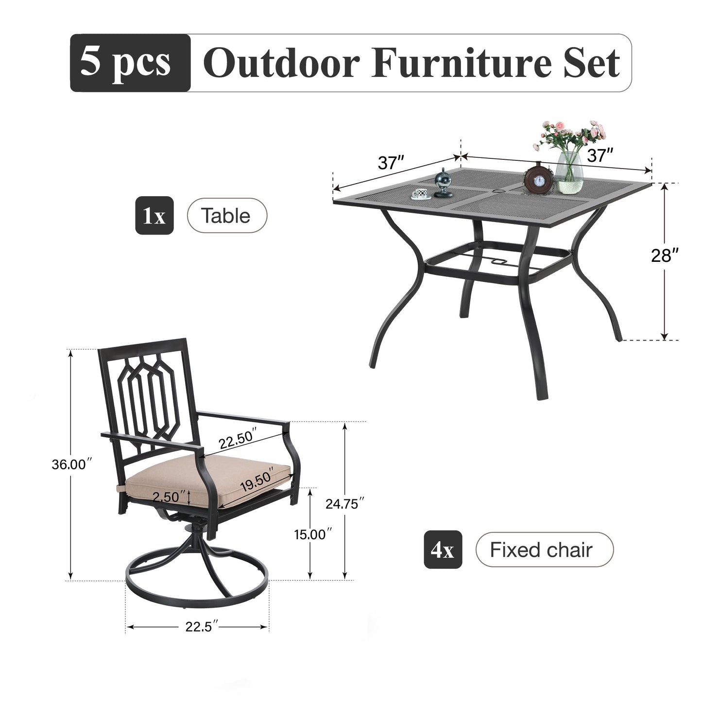 Captiva Designs 5pc Outdoor Patio Dining Set with Mesh Top Square Steel Table and Metal Chairs