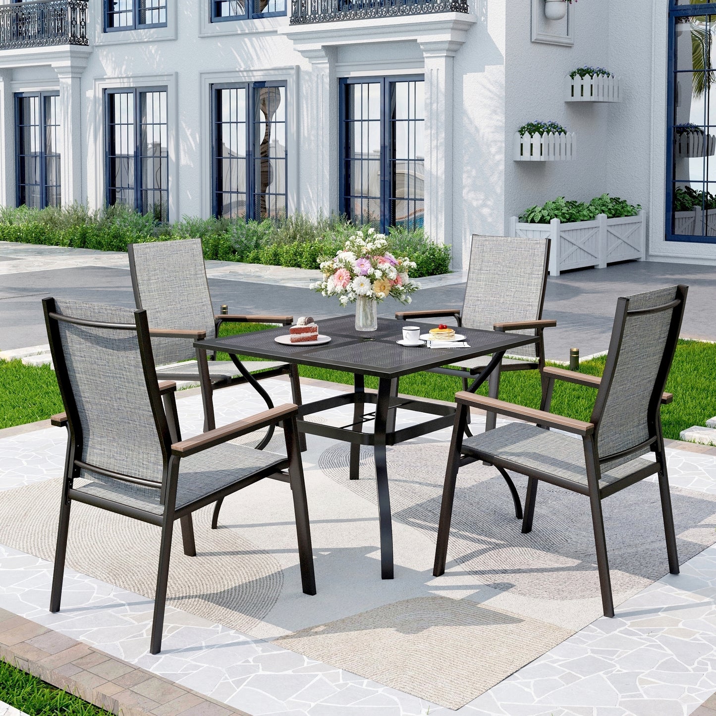 Captiva Designs 5pc Patio Dining Set with Mesh Top Square Steel Table and Sling Aluminum Chairs