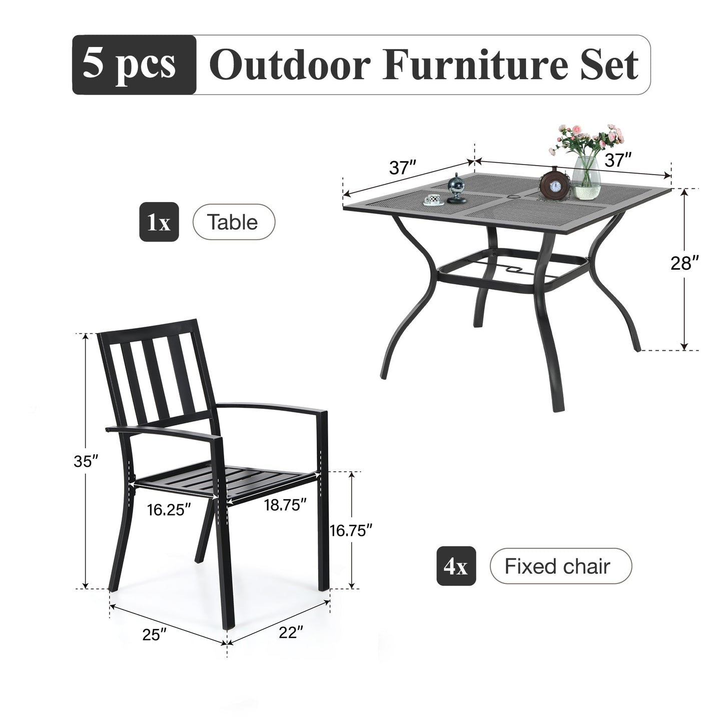 Captiva Designs 5pc Outdoor Patio Dining Set with Mesh Top Square Steel Table and Metal Chairs