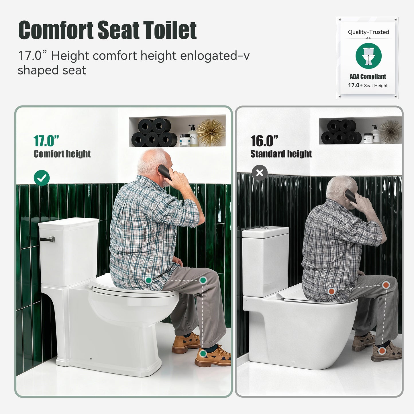 Captiva Designs Elongated Toilet with Comfortable ADA Height & Powerful Flush & Wider Trapway