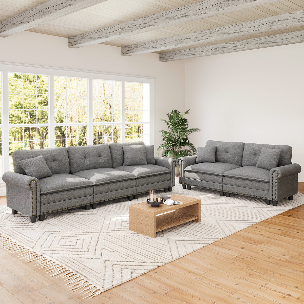 SUNSHINE VALLEY Modular Sectional Couch and Loveseat Set for Living Room, Mid-Century Modern 5-Seat Couch Set, Medium Heathered Grey, Rolled Arms & Nailhead Trim, Deeper Seats, Linen Furniture Set