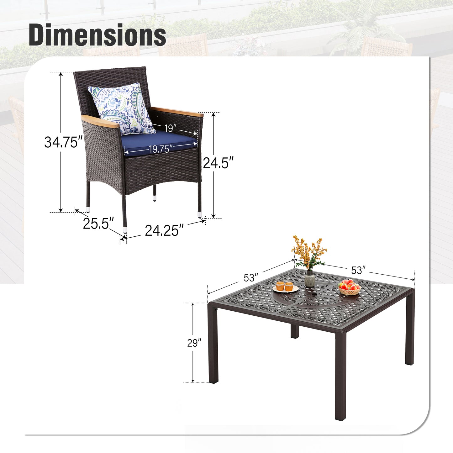 Captiva Designs Outdoor 9Pc Cast Aluminum Square Metal Dining Table with Umbrella Hole & Cushioned Wicker Rattan Chairs