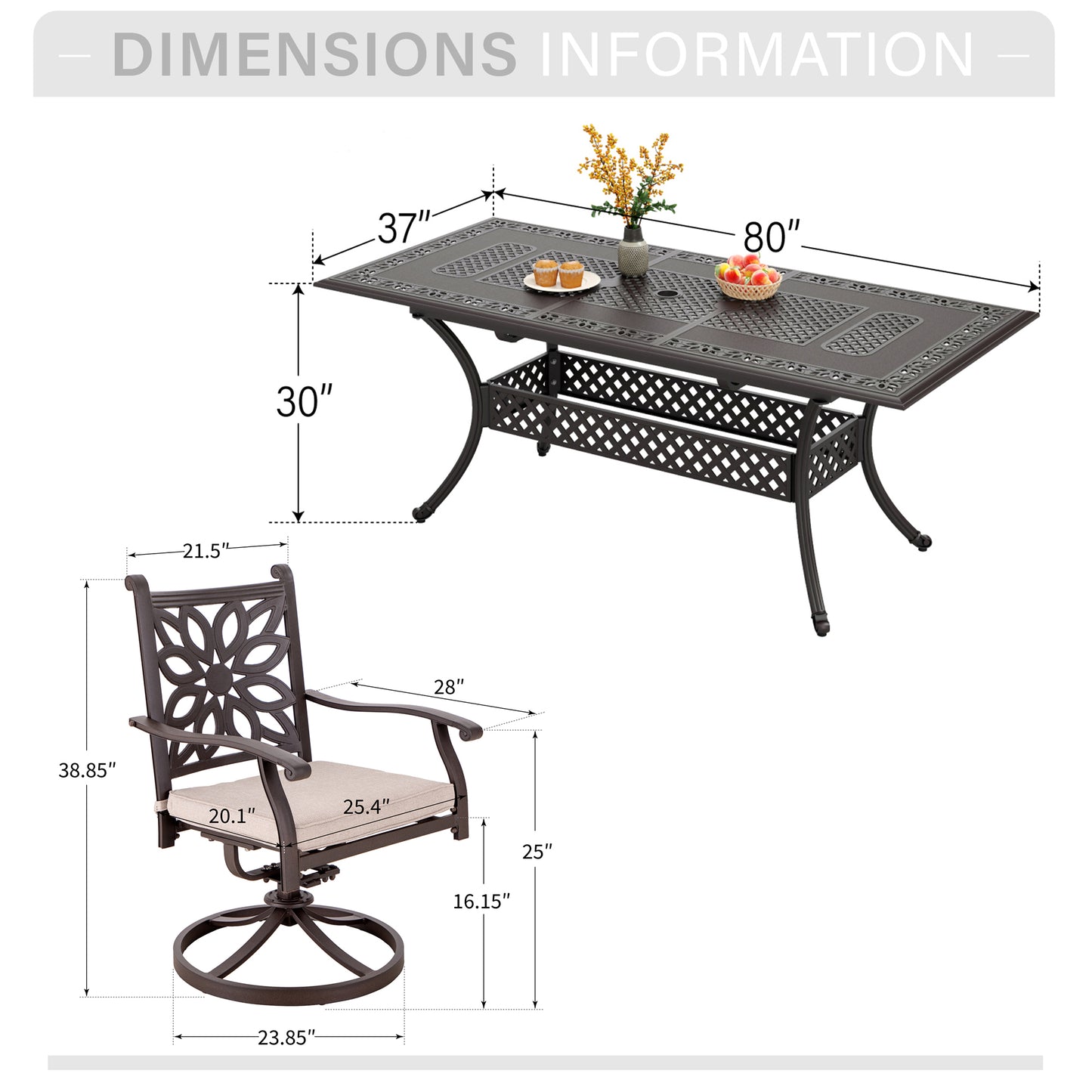 Captiva Designs Outdoor 7Pc Cast Aluminum Square Metal Dining Table with Umbrella Hole & Flower Back Chairs