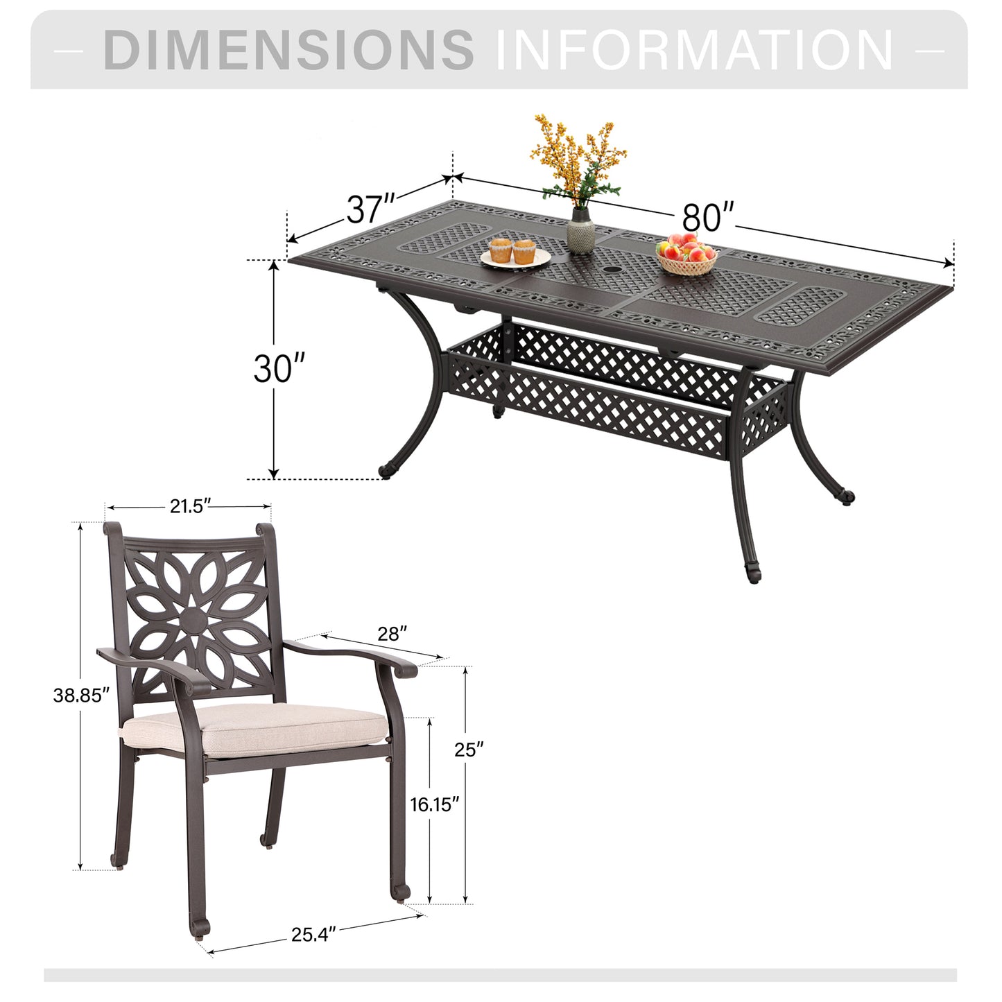 Captiva Designs Outdoor 7Pc Cast Aluminum Square Metal Dining Table with Umbrella Hole & Flower Back Chairs