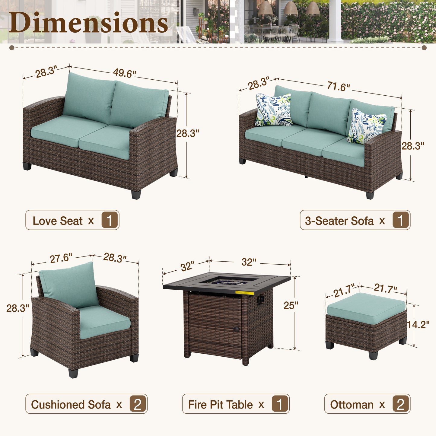 Captiva Designs 7pc Outdoor Patio Wicker Rattan Cushioned Fire Pit Set with Ottomans and Loveseat