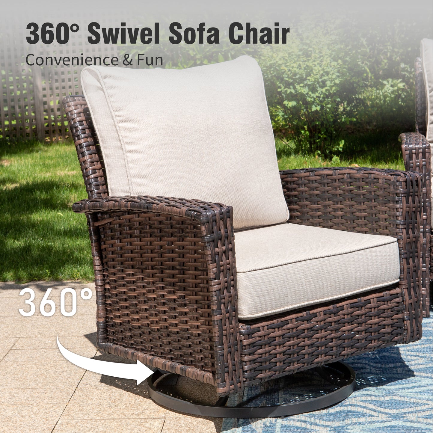 Captiva Designs Outdoor Patio Wicker Furniture Conversation Fire Pit Sets with Swivel Chairs with 5.5" Thick Cushions