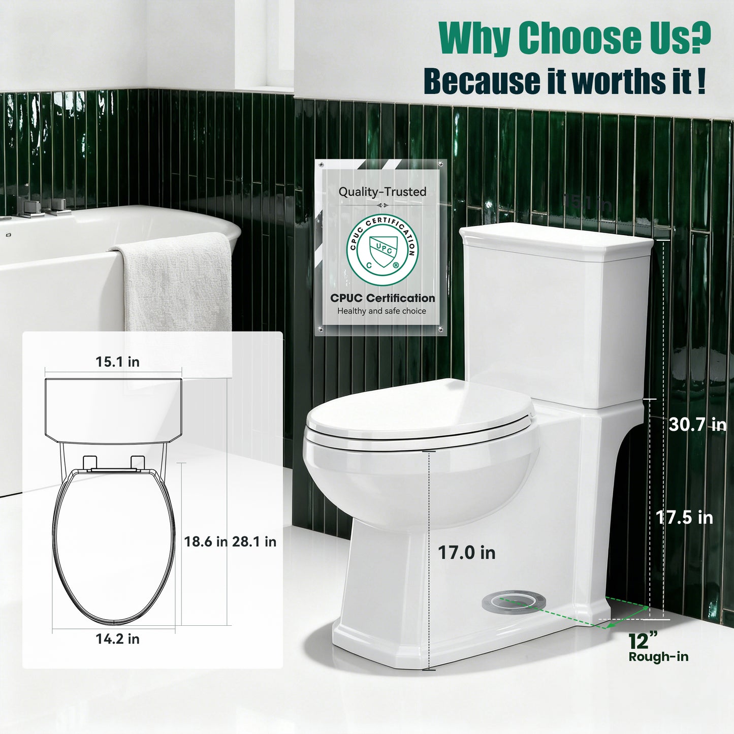 Captiva Designs Elongated Toilet with Comfortable ADA Height & Powerful Flush & Wider Trapway