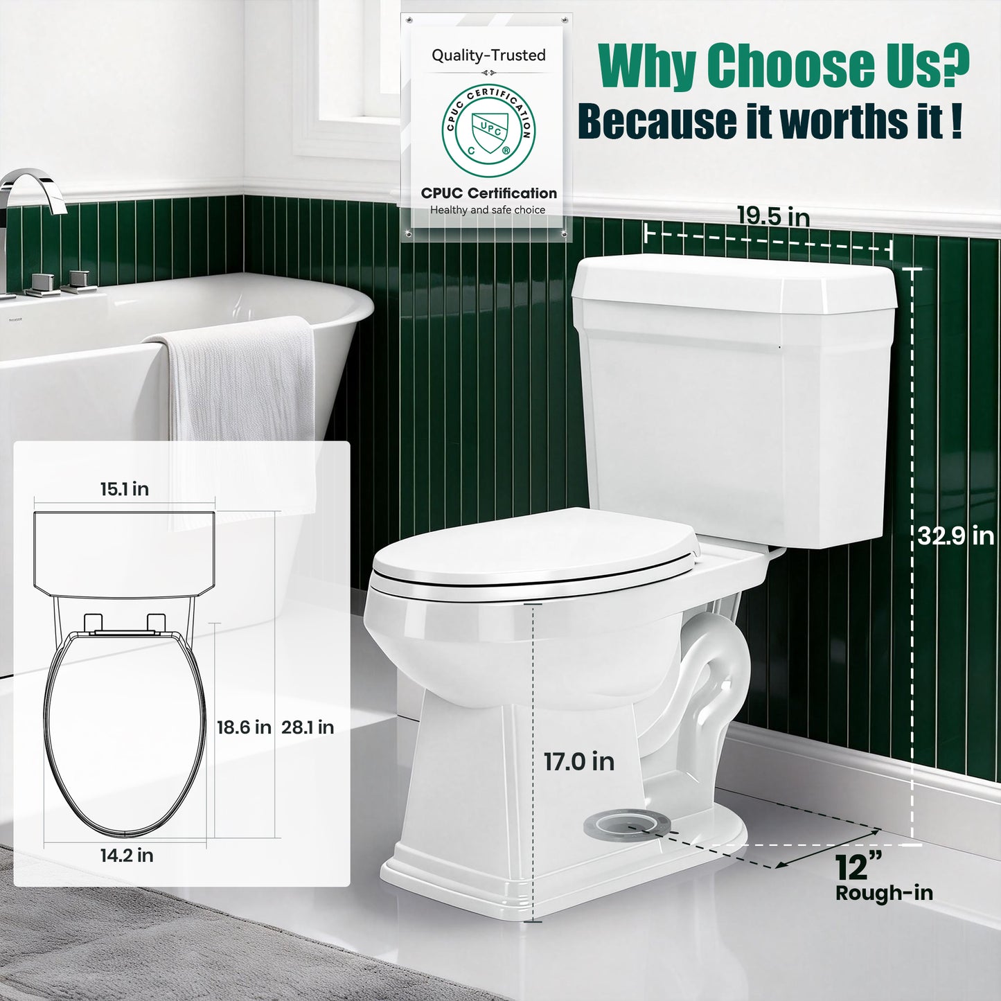 Captiva Designs Elongated Toilet with Comfortable ADA Height & Powerful Flush & Wider Trapway