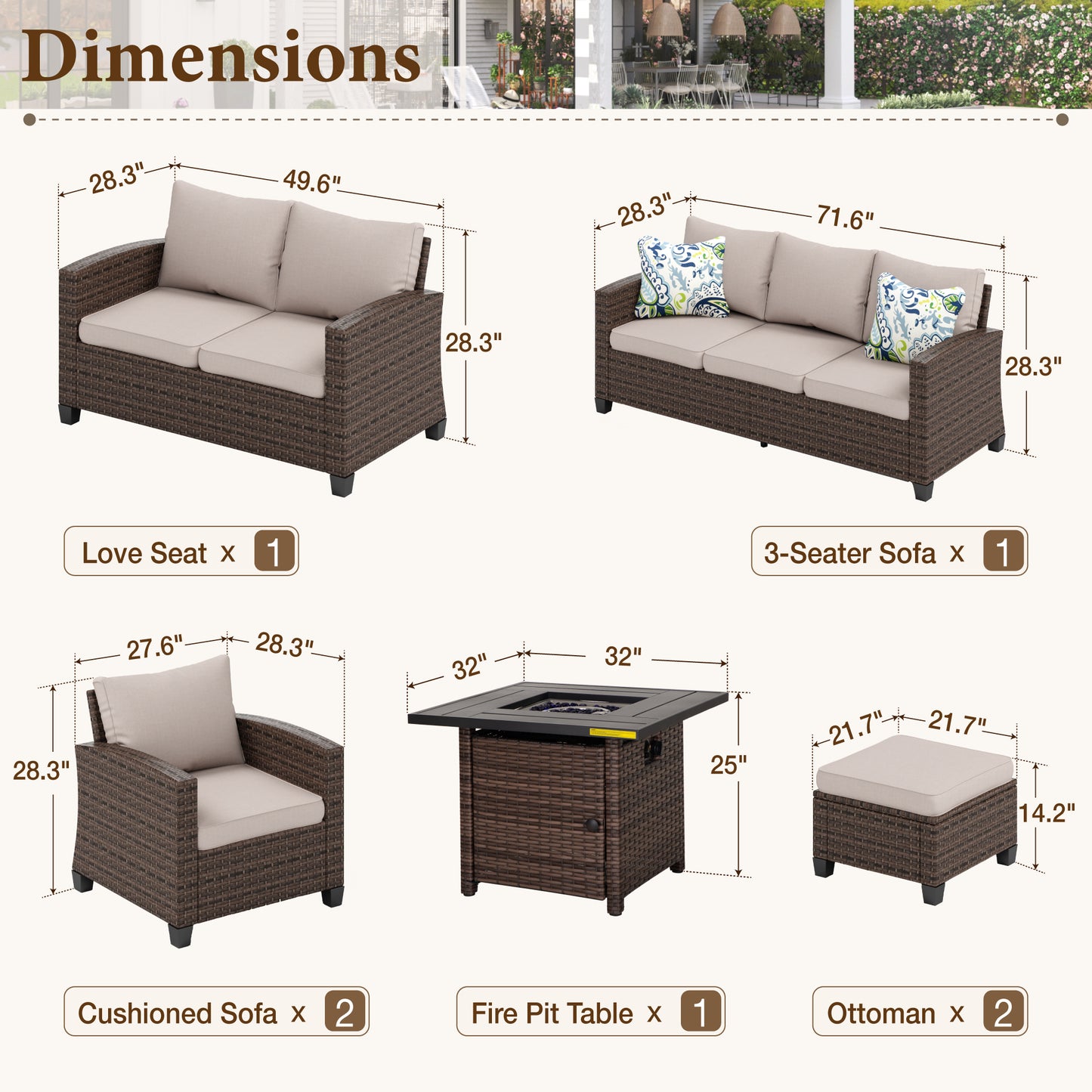 Captiva Designs 7pc Outdoor Patio Wicker Rattan Cushioned Fire Pit Set with Ottomans and Loveseat