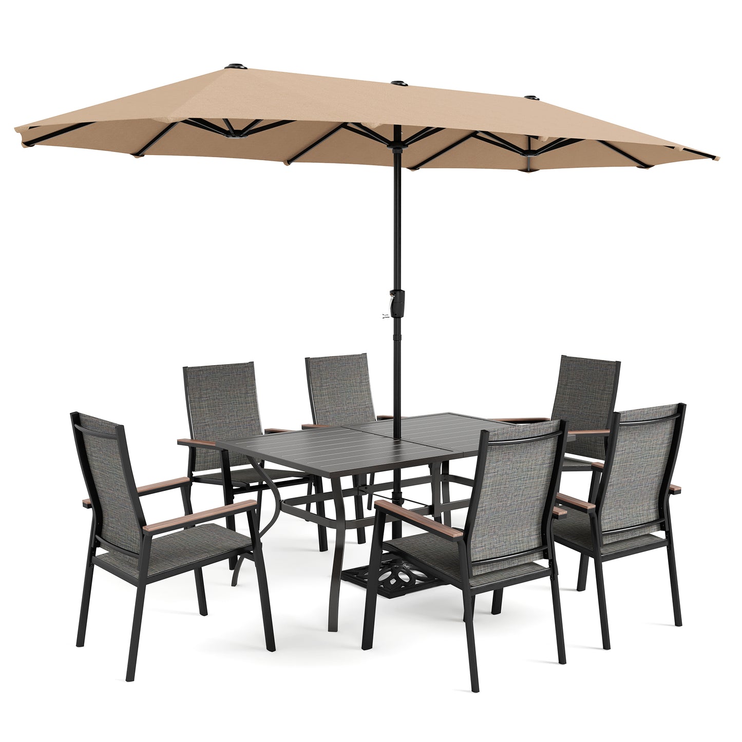 Captiva Designs 8pc Patio Dining Slat-top Steel Table & Aluminum Stackable Chairs & Market Umbrella