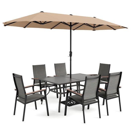 Captiva Designs 8pc Patio Dining Slat-top Steel Table & Aluminum Stackable Chairs & Market Umbrella