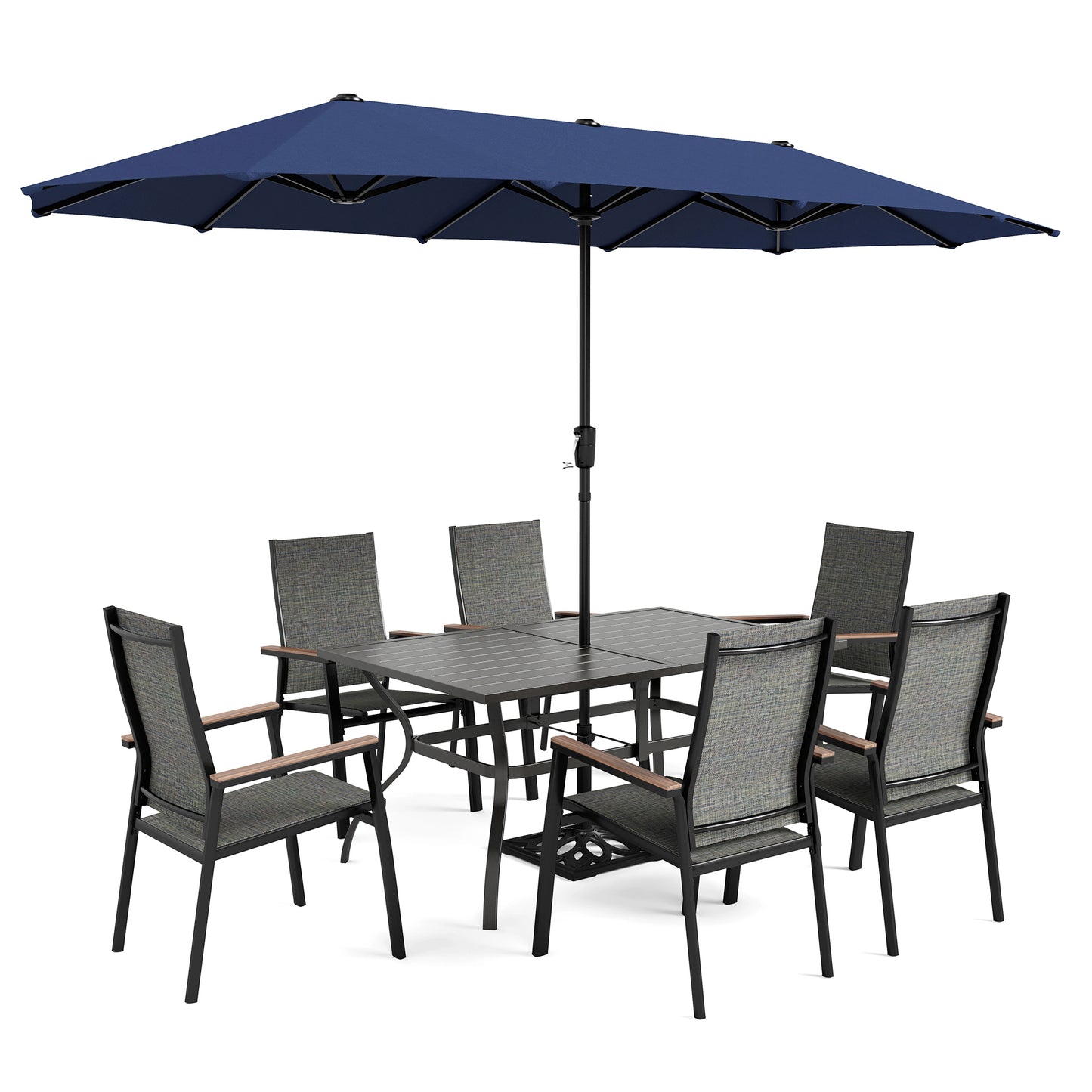 Captiva Designs 8pc Patio Dining Slat-top Steel Table & Aluminum Stackable Chairs & Market Umbrella