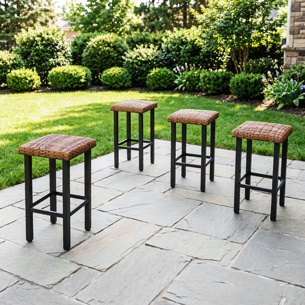 Captiva Designs Outdoor Patio 4Pc Counter Height Backless Rattan Wicker Bar Chairs with Adjustable Feet Mats