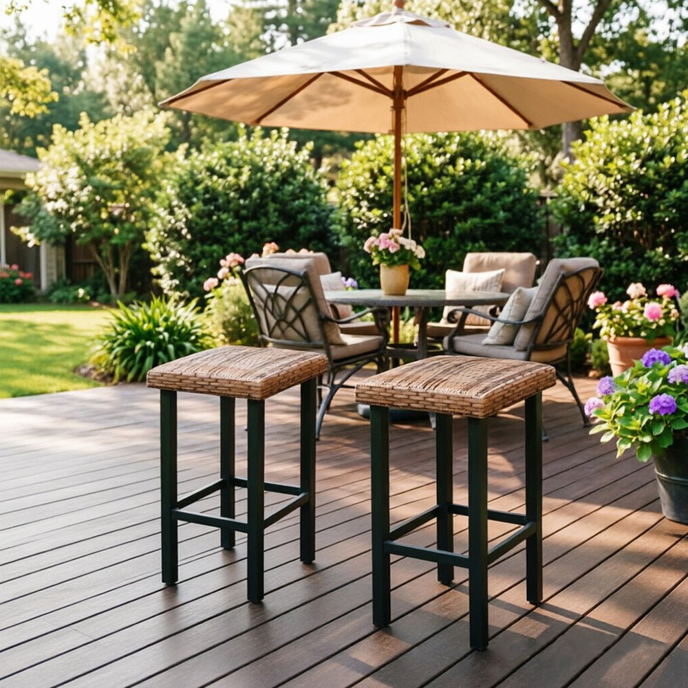 Captiva Designs Outdoor Patio 4Pc Counter Height Backless Rattan Wicker Bar Chairs with Adjustable Feet Mats