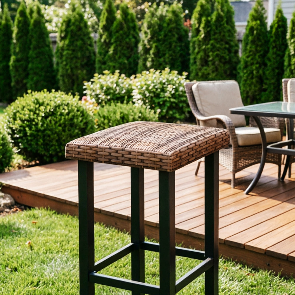 Captiva Designs Outdoor Patio 4Pc Counter Height Backless Rattan Wicker Bar Chairs with Adjustable Feet Mats