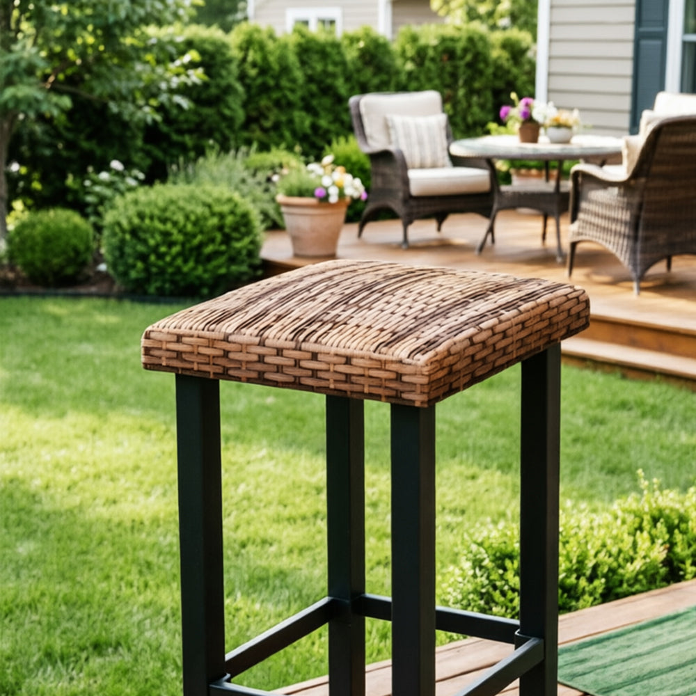 Captiva Designs Outdoor Patio 4Pc Counter Height Backless Rattan Wicker Bar Chairs with Adjustable Feet Mats