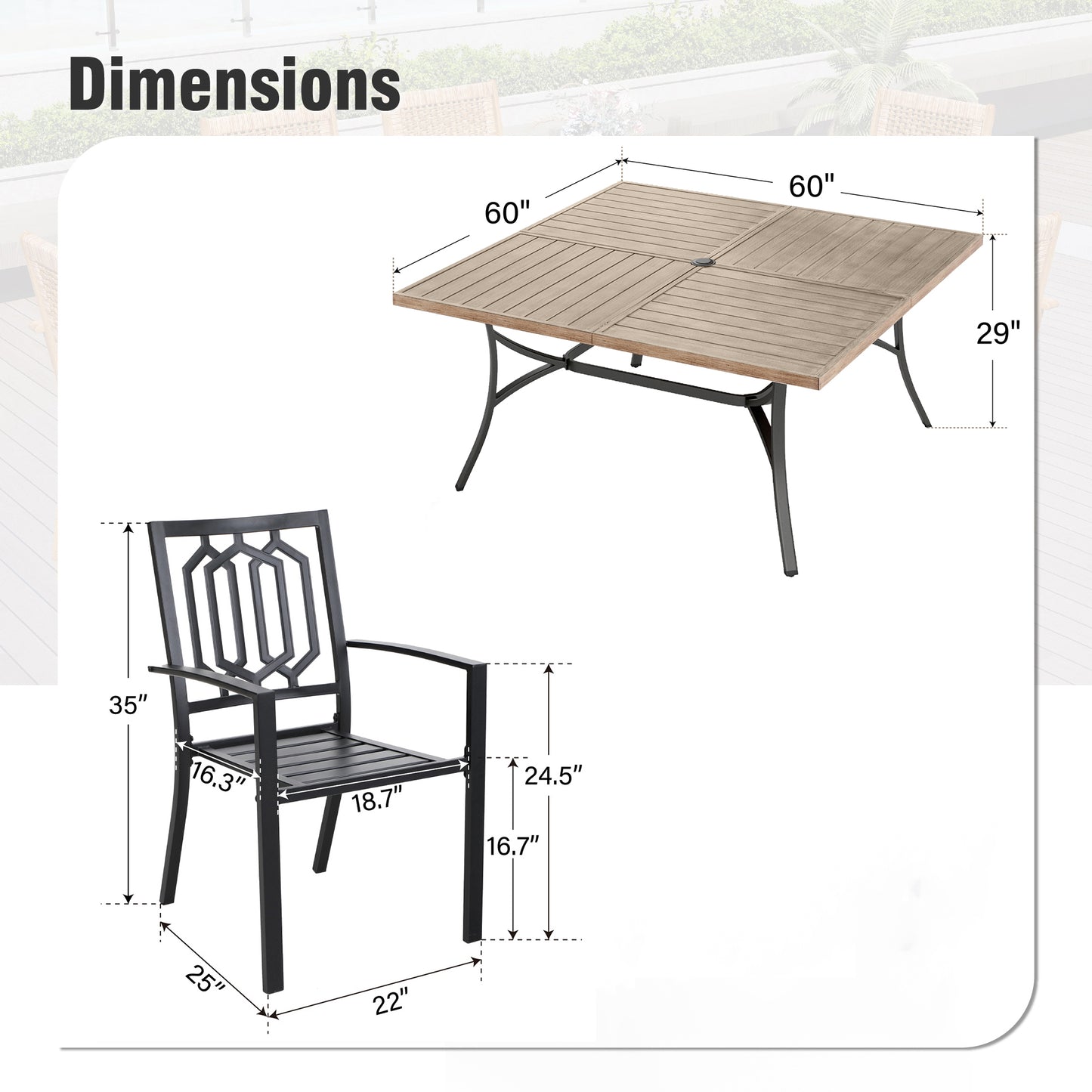 Captiva Designs 9pc Spacious Slat-top Square Metal Table with Umbrella Hole & Metal Stackable Chairs with Perforated Back